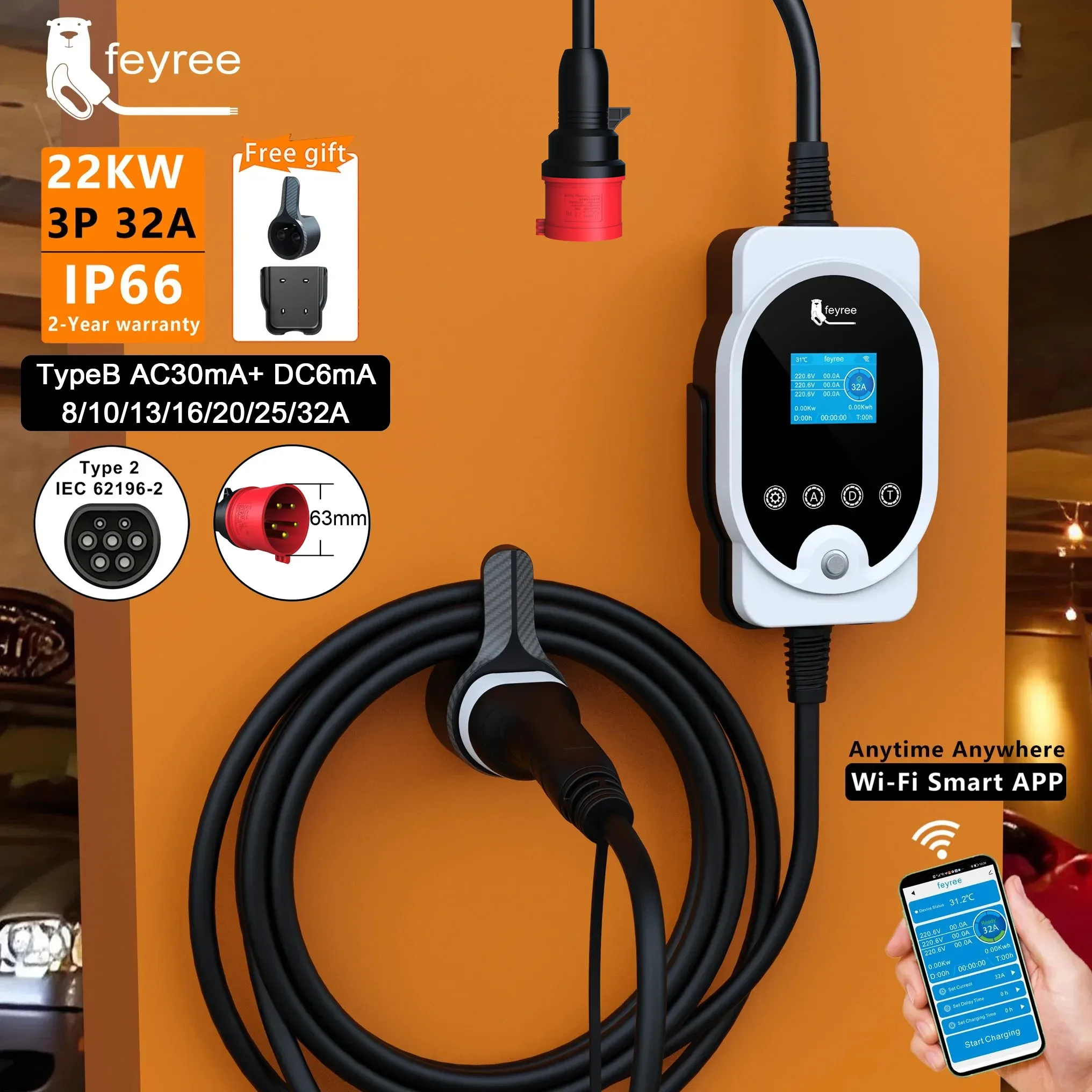 Зарядная станция Feyree 22 кВт – обзор и цена Ev Charger Type 2 22Kw 32A 3 Phase